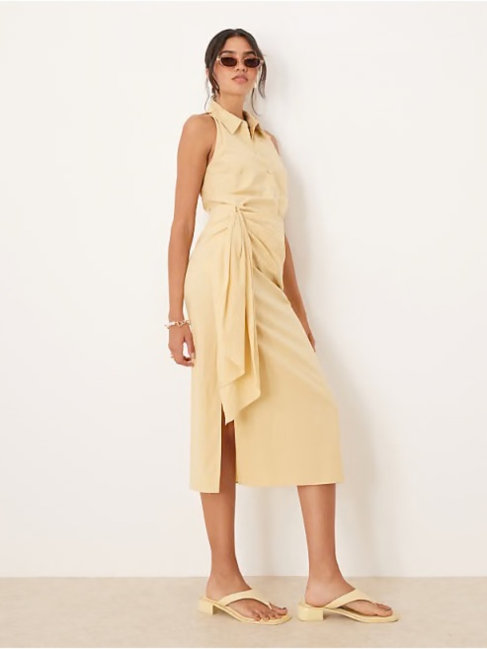 Mango Pale Yellow Sleeveless Collared Tie-Waist Midi Dress
